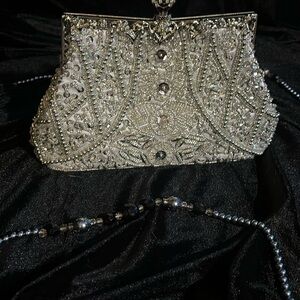 Silver Beaded Evening Clutch with Intricate Design
